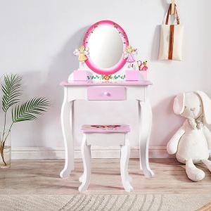 Ensemble vanité enfant bois floral miroir tabouret rose