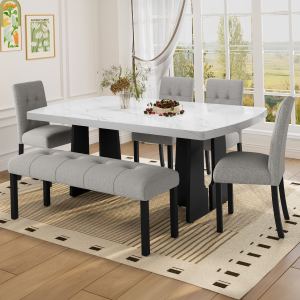 Ensemble 6 table salle à manger 63", marbre, gris blanc