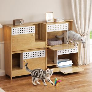 Ensemble 2 meubles chat 2-en-1, enclosure litière, NATUREL