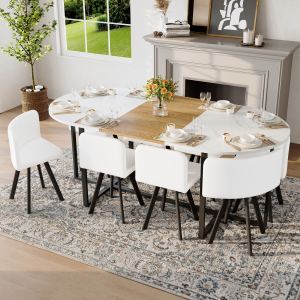 Ensemble table ovale 9 pièces, marbre blanc, 8 chaises PU blanc, 8 personnes