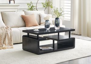 Table café 3 étages MDF noir grain bois