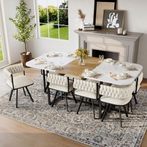 Ensemble table à manger 9 pièces, marbre blanc, 8 chaises beige velours