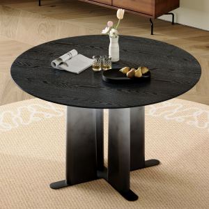 Table à manger ronde grain bois noir, 2-4 personnes, compacte