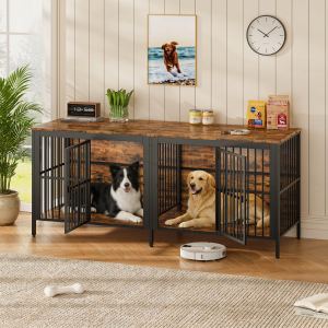 Cage chien 80po 2 portes brun rustique table
