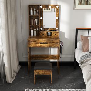 Table de vanité miroir, lumières LED ajustables, tabouret inclus