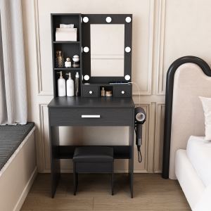 Table de vanité avec miroir, lumières LED ajustables, prise et tabouret noir