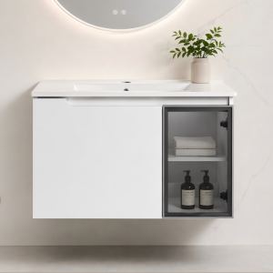 Vanité 30 po murale, céramique, portes douces, blanc/gris