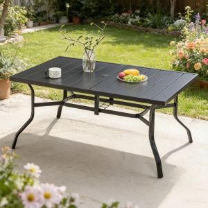 Table patio 6 personnes, acier poudré, trou parapluie 2,16"