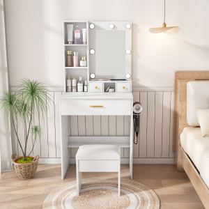 Table de vanité avec miroir, lumières LED ajustables, prise et tabouret blanc