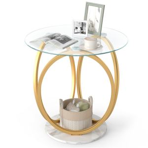 Table d'appoint moderne 2 étages verre marbre faux blanc or
