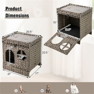 Meuble litière 2 étages osier gris avec tapis