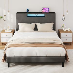 Lit plateforme Full cuir noir, DEL, port charge