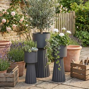 3 pots métal avec support, hauteur 9.1-11.8", gris foncé
