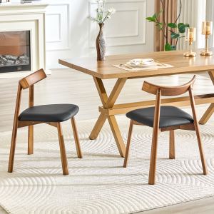 Chaises salle à manger bois noyer, coussin noir PU, courbées