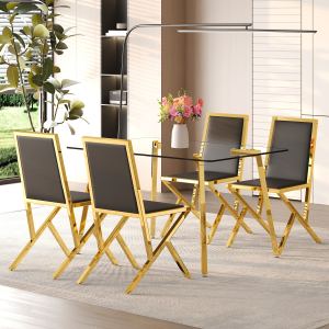 Table And Chair Set.51 X 31.5-inch Tempered Glass Dining Table, Paired With A Set Of 4 Black PU Dining Chairs. Modern Light Luxury Home Restaurant Table And Chair Combination.