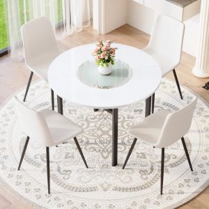 Table ronde 42po minimaliste blanche 4 chaises coussin courbe