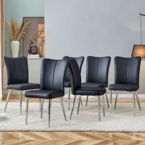 Set 6 chaises salle à manger cuir PU noir, dossier courbé