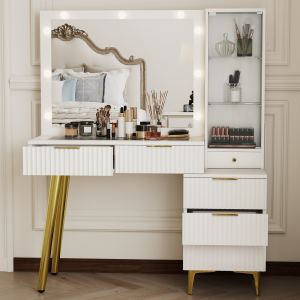 Bureau vanité cannelé miroir 5 tiroirs blanc