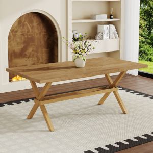 Table bois MDF 71" X 35.4po, plateau bois clair, cadre métal X, 6-8 places