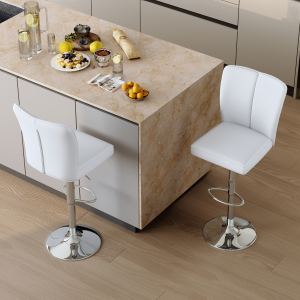 Ens. 2 tabourets bar blanc PU - Pieds métal argent trompette