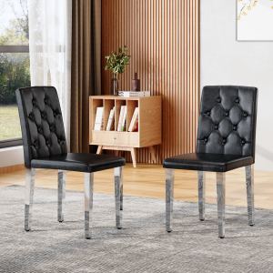 Chaises salle à manger 2pc PU noir dossier argent