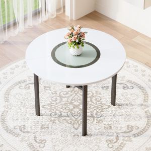 Table à manger ronde 42 po, blanc minimaliste, verre gris, 4-6 pers