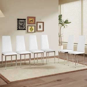 Ens. 6 chaises à manger modernes blanc, PU, jambes métal argent