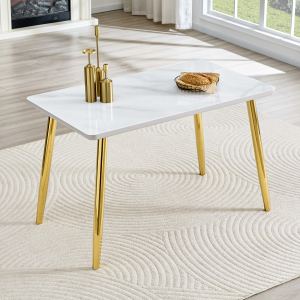 Table salle à manger verre/MDF marbre, pieds métal or, 4-6 personnes