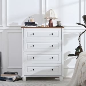 Commode moderne 4 tiroirs, 36,7 po hauteur, bois massif, blanc