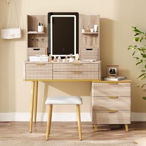 Bureau vanité 7 tiroirs, miroir LED, tabouret, rangement bijoux