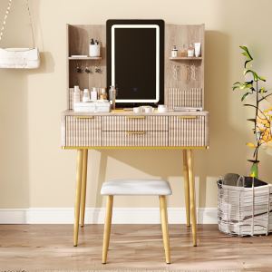 Coiffeuse 4 tiroirs miroir LED détails sculptés tabouret