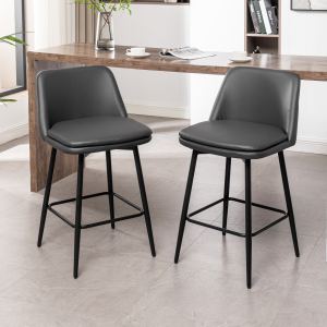 Counter Height Swivel Bar Stools Set Of 2, 360 Swivel Upholstered Barstools With Back And Metal Legs, 25.6 Seat Height,Counter Stools For Kitchen Island And Pub,Faux Leather,Grey