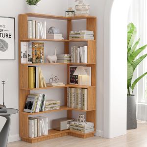 Bibliothèque d'angle 90cm bois 5 étages, anti-basculement