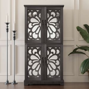 Display Sideboard Buffet With 4 Acrylic Mirrored Doors, Adjustable Shelves Storage Cabinet For Kitchen, Living Room, Bedroom Cabinet, MDF Dark Brown Finish