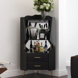 Meuble bar coin bois 2 tablettes ouvertes 2 tiroirs noir