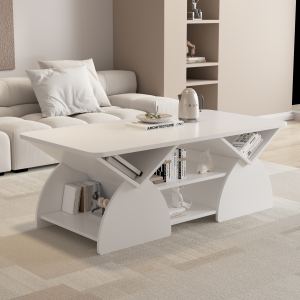 Table café bois coin arrondi, rayons ouverts, blanc