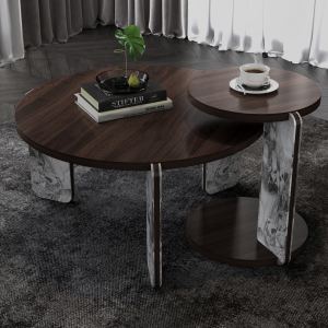 Table Café & Bout Noyer 83cm Marbre Pierre Frittée
