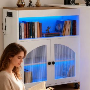 Îlot cuisine roues table LED prises portes verre blanc