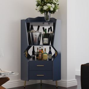 Armoire bar coin bois miroir 2 tiroirs bleu