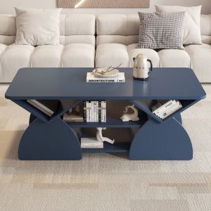 Table café bois bleu, tablettes ouvertes, design géométrique
