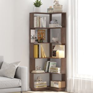 Bibliothèque d'angle 6 étages, brun foncé, avec dispositif anti-basculement