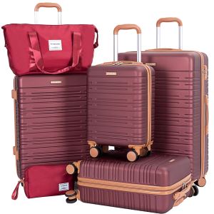 6 Piece Luggage Set, ABS Hard Shell Travel Suitcase With TSA Lock,WINE RED