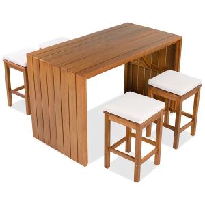 Ensemble bar extérieur 5 pc, bois acacia, coussins beige