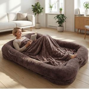 Human Dog Bed Washable Large Size Non Slip Bottom Comfortable Plush Giant Size Dog Bed With Blanket And Pocket For Home