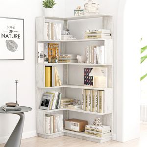 Bibliothèque en L 90cm, 5 étages, bois, panneaux anti-chute