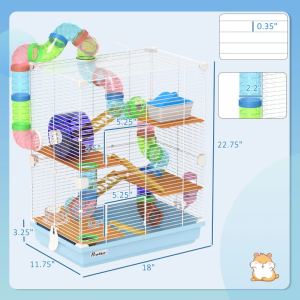 Cage hamster 5 étages portable roues exercice, bleu clair