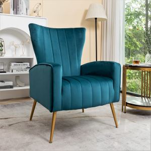 Fauteuil velours avec pieds métal, dossier ailé
