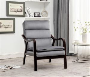 Chaise d'appoint grise mi-siècle, bras bois, tissu rembourré