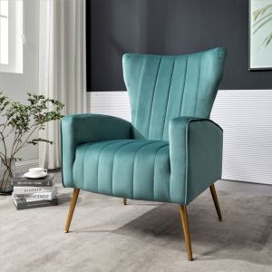 Fauteuil velours pieds métal, dossier ailé moderne