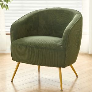 Fauteuil accent velours côtelé pieds métal doré, chaise tonneau